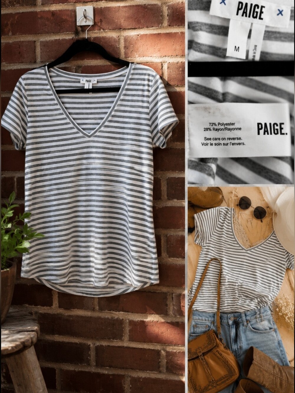 PAIGE‎ Gray White Striped V-Neck Tee Medium Soft Casual Coastal Basic Top